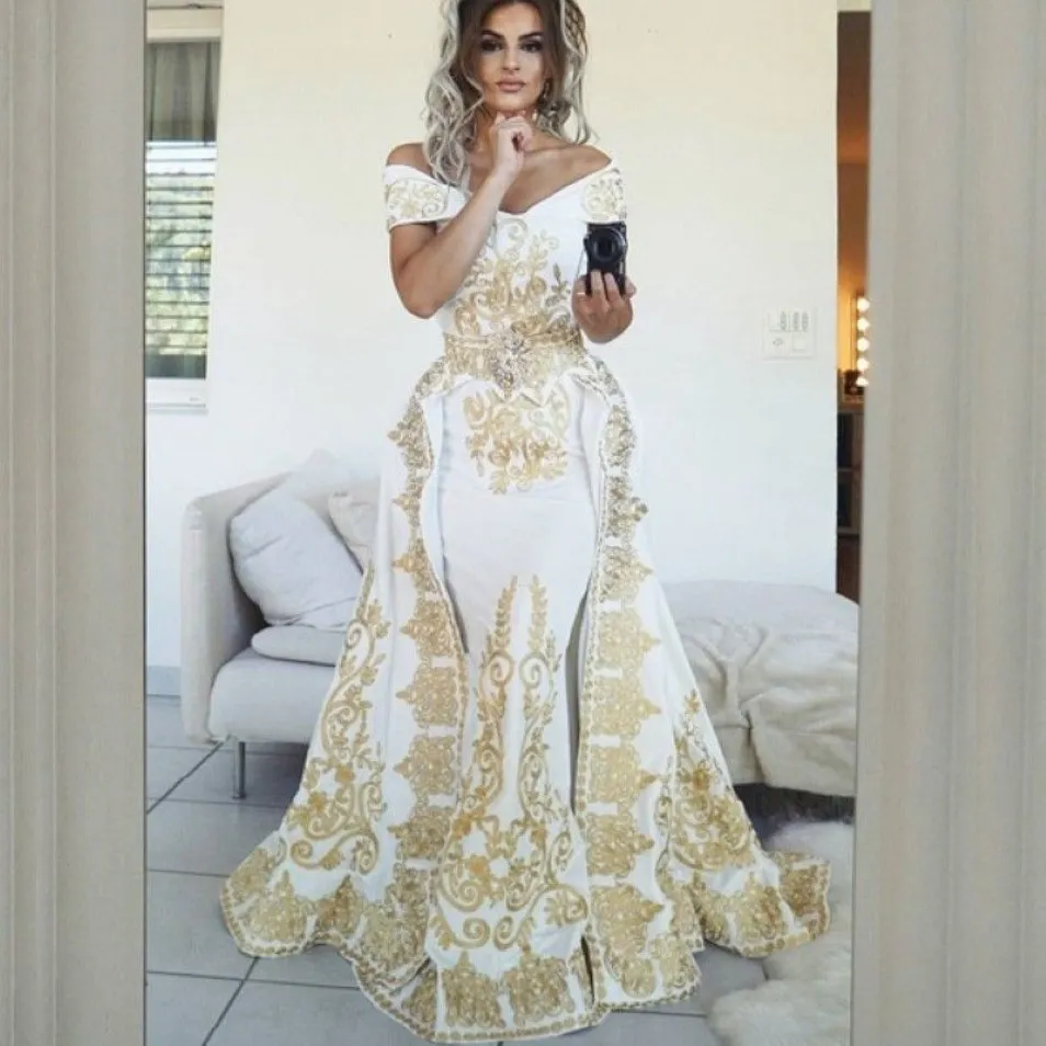 Glamorous Mermaid Prom Dresses With Overskirt Sexy Off Shoulder Golden Lace Applique Satin Party Dress Elegant Floor Length Evenin304P