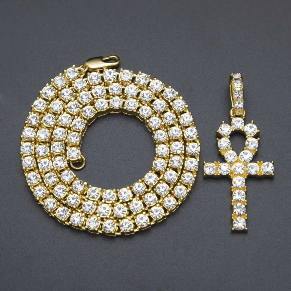 Colares egípcios ankh com chave, corrente banhada a ouro com strass, cruz de cristal, pingente gelado para mulheres, rapper, hip ho3173