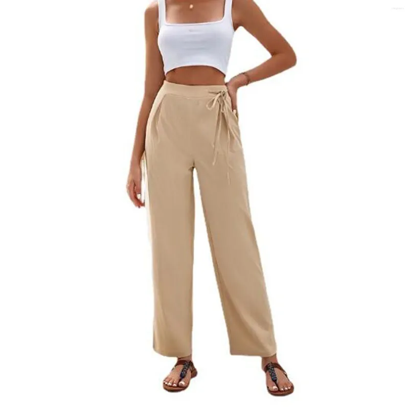 Pantaloni da donna estivi a vita alta dritti per le donne Pantaloni tinta unita elastici con coulisse a gamba larga Pantaloni casual fluidi femminili