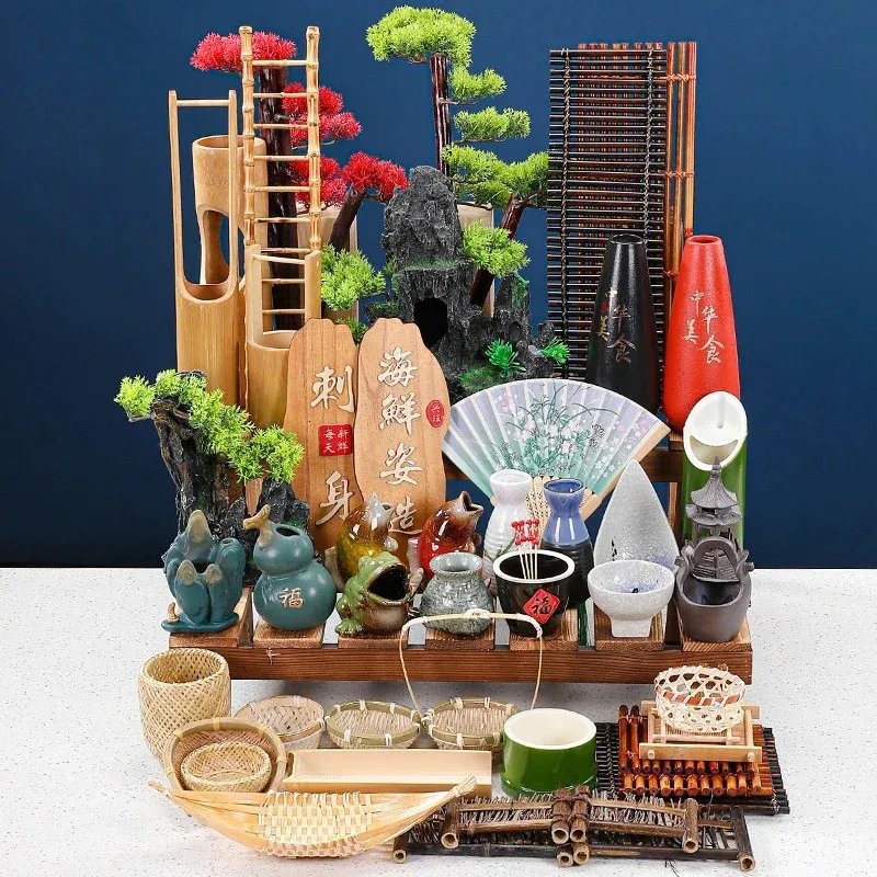 寿司竹のチョップバーベキュー皿飾りプラッターの装飾シーフード姿勢花と植物日本の刺身装飾240304