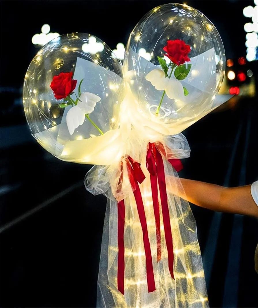 LED Luminous Balloon Rose Bouquet Transparent Bobo Ball Rose Valentines Day Gift Birthday Party Wedding Decoration Balloons1160238