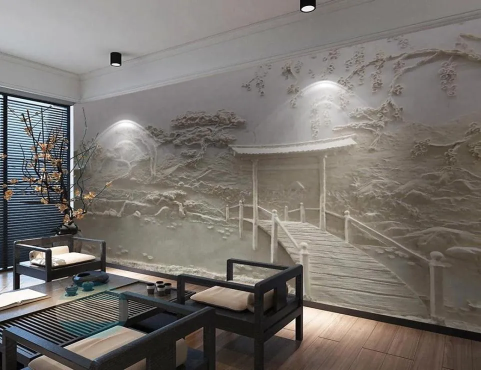 Fonds d'écran Po Papier Peint Style Chinois 3D Stéréo En Relief Paysage Pavillon Fond Mural El Salon Art Papel De Pare1488357
