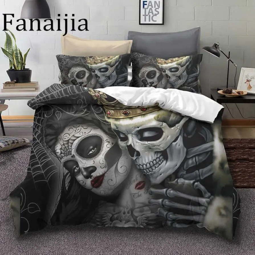 Fanaijia Sugar Skull Bedding Sets King Beauty Kiss Duvet Cover Bed Set Bohemian Print Black Bedclothes Queen Size Bedline 210615285r