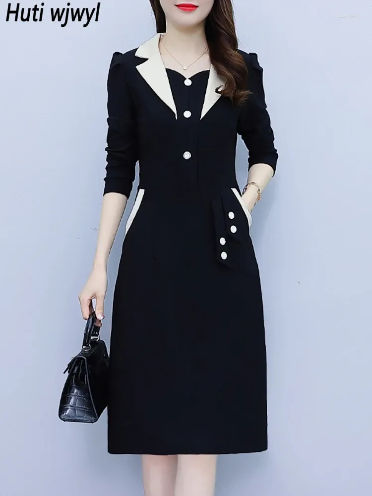 Casual Dresses 2024 Long Sleeve Bodycon Suit Dress Autumn Winter Elegant Office Lady Midi Women Vintage Black Hepburn Prom Night Vestidos