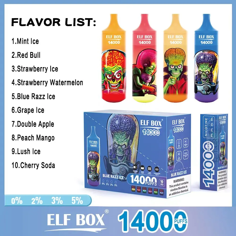 echte ELF BOX 14000 Puffs E-Zigaretten Einweg-Vape-Stift 600 mAh Typ-C-Akku 10 Geschmacksrichtungen 0 % 2 % 3 % 5 % Kapazität 25 ml vs. Vape Shisha 15k