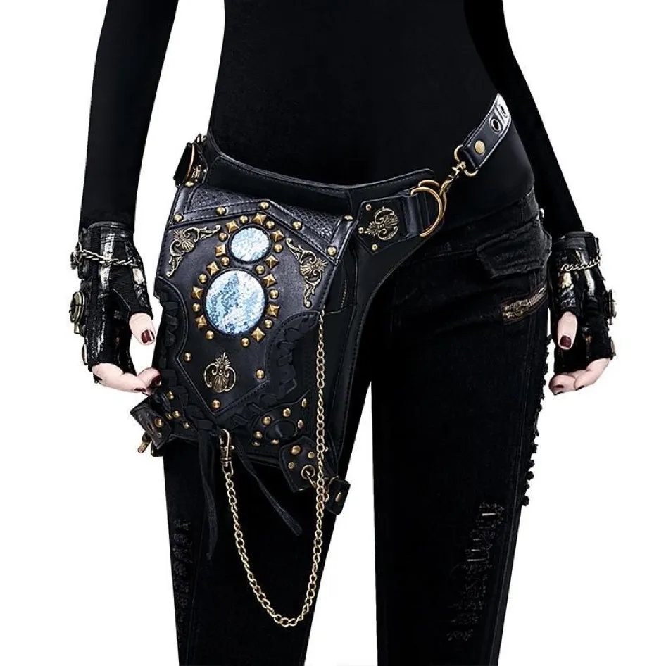 Sacs de taille YourSeason Unisexe Steampunk Chaîne Rivet Pack Multifonctionnel PU Cuir Femme Épaule 2022 Moto Biker Ceinture Bag242y