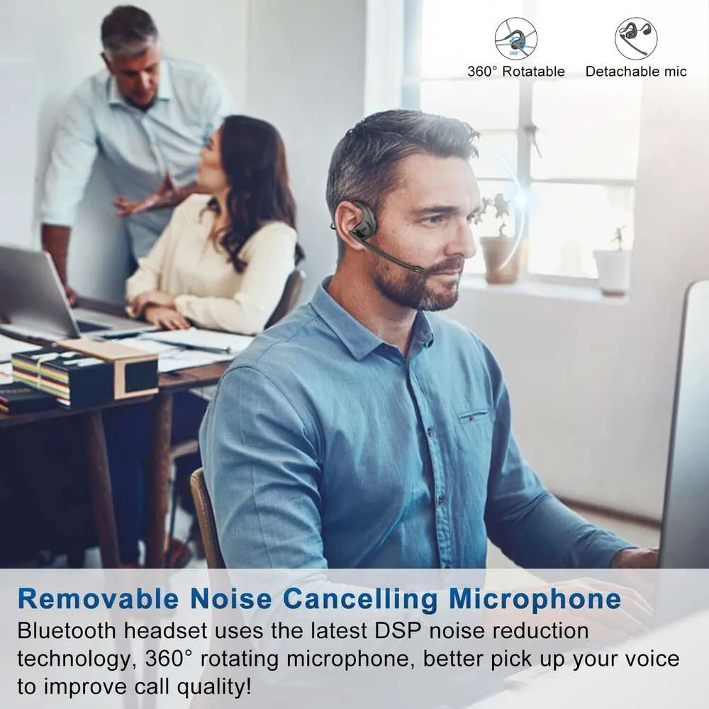 Bluetooth avec microphone amovible, casque sans fil antibruit pour téléphones, ordinateurs portables, PC, écouteurs ouverts pour réunion de bureau, course à pied