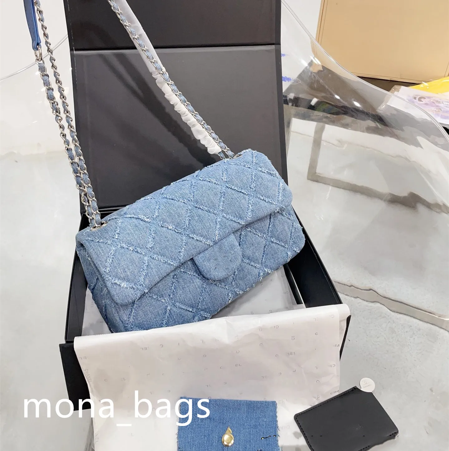 denim designer crossbody tas Dames Schouder Handtassen portemonnees Vintage Handtas Blauw Denim Zilveren Ketting Hardware Moet Bandjes strandtas maat 25cm