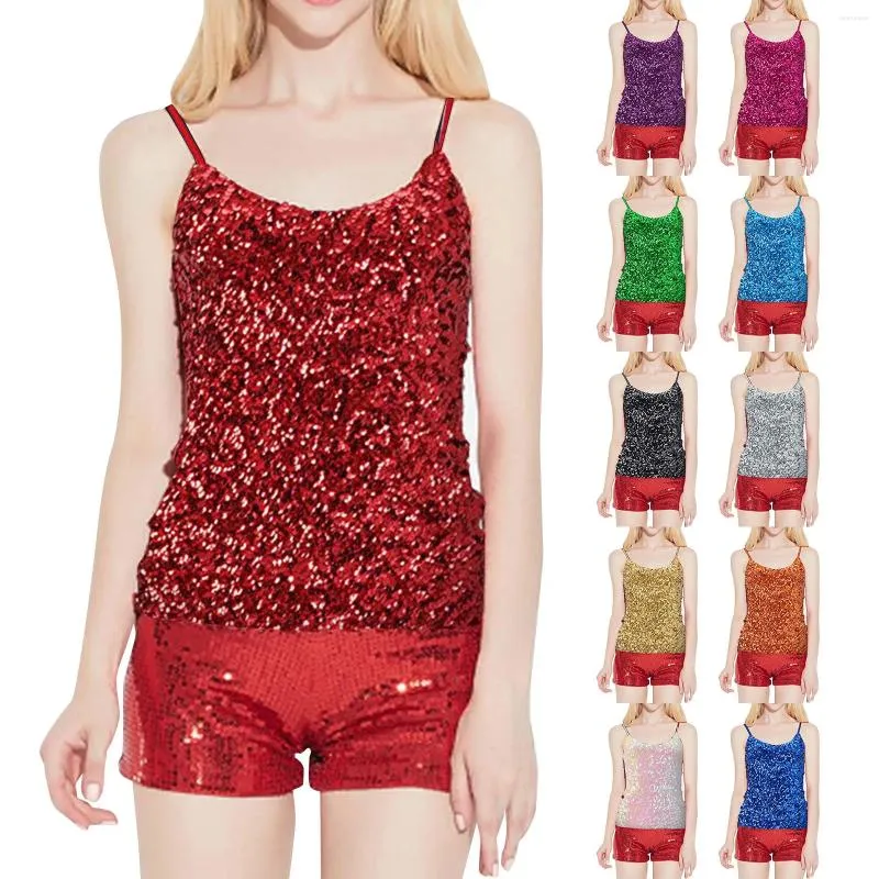 Canottiere Canotte Top con paillettes da donna Senza maniche Glitter Canotta Canotta Cinghie regolabili Canotta quotidiana Abbigliamento donna di marca 2 A Tee