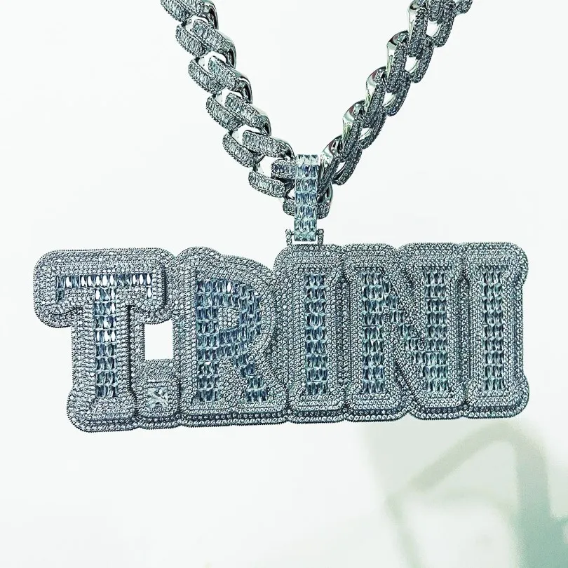 Iced Out Nome Personalizado Baguette Zircão Letras Pingente Tamanho Grande Ouro Prata Cor Nacklace para Homens Hip Hop Jewelry347e