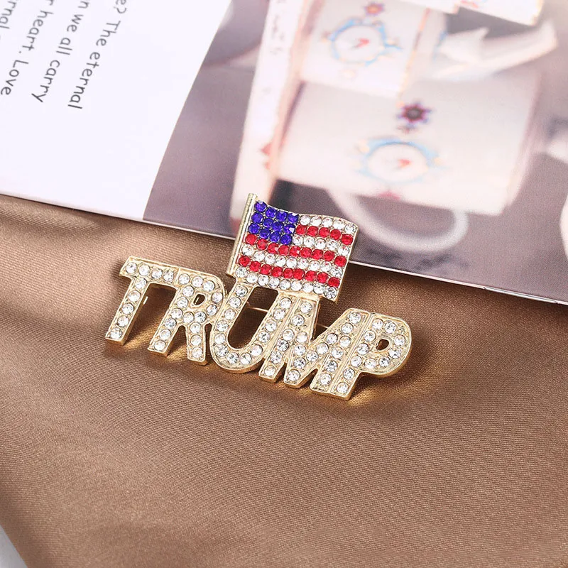 Broche en diamant super flash avec logo TRUMP pour l'élection présidentielle américaine, goutte d'huile, lettres euro-américaines, 2024