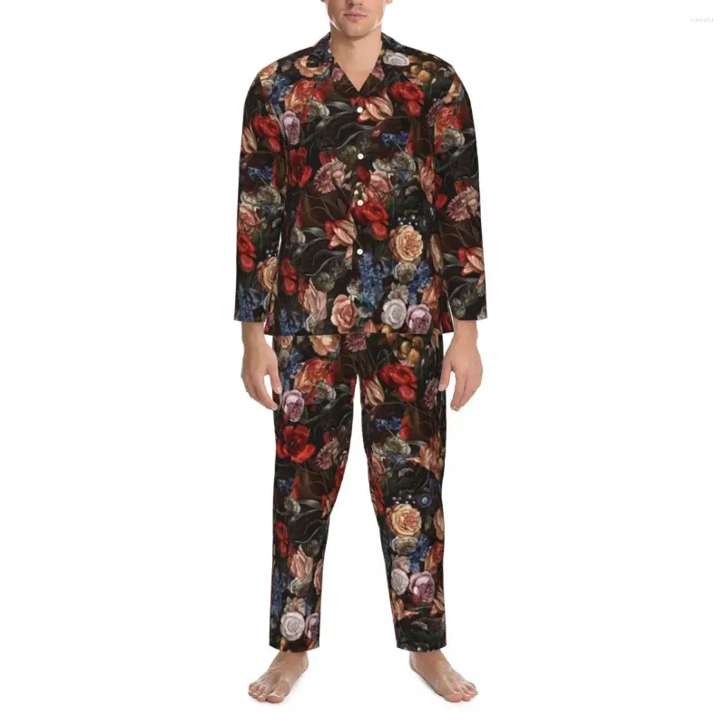 Erkek pijama pijamaları erkekler renk barok çiçek eğlence vintage çiçek romantizm 2 adet pijama setleri moda büyük boy ev takım elbise