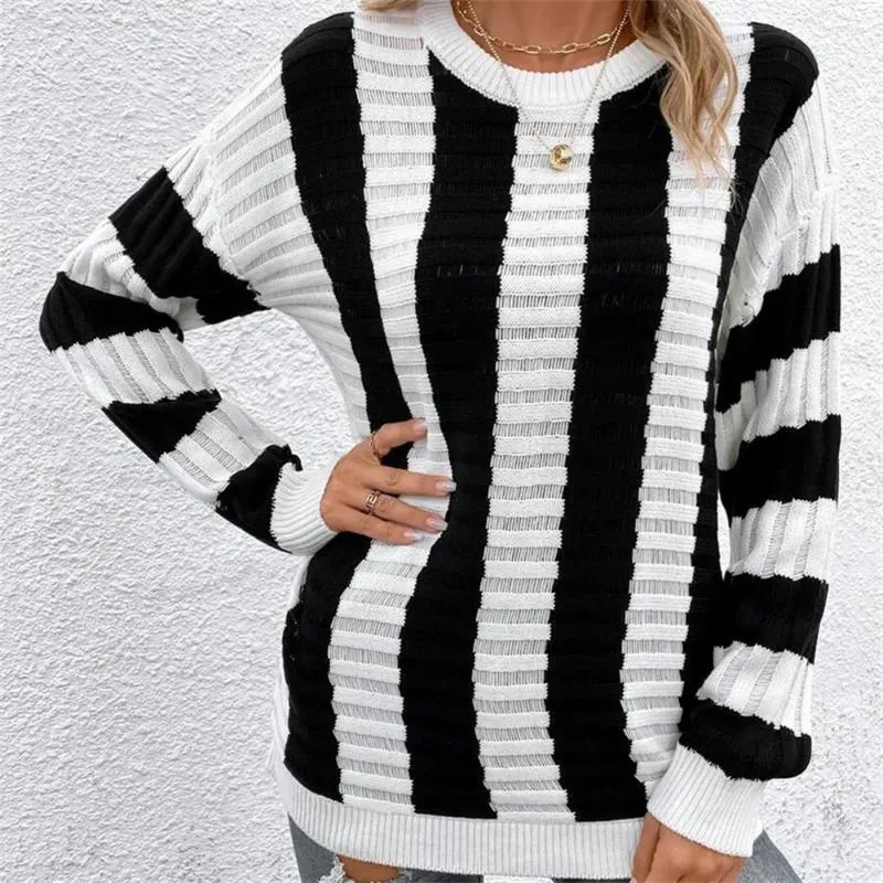 Women's Sweaters Fashion Design Striped Knitted Sweater Top Pullovers Long Sleeve Knitwears Hollow Out Women Loose Y2K Jumpers Pull