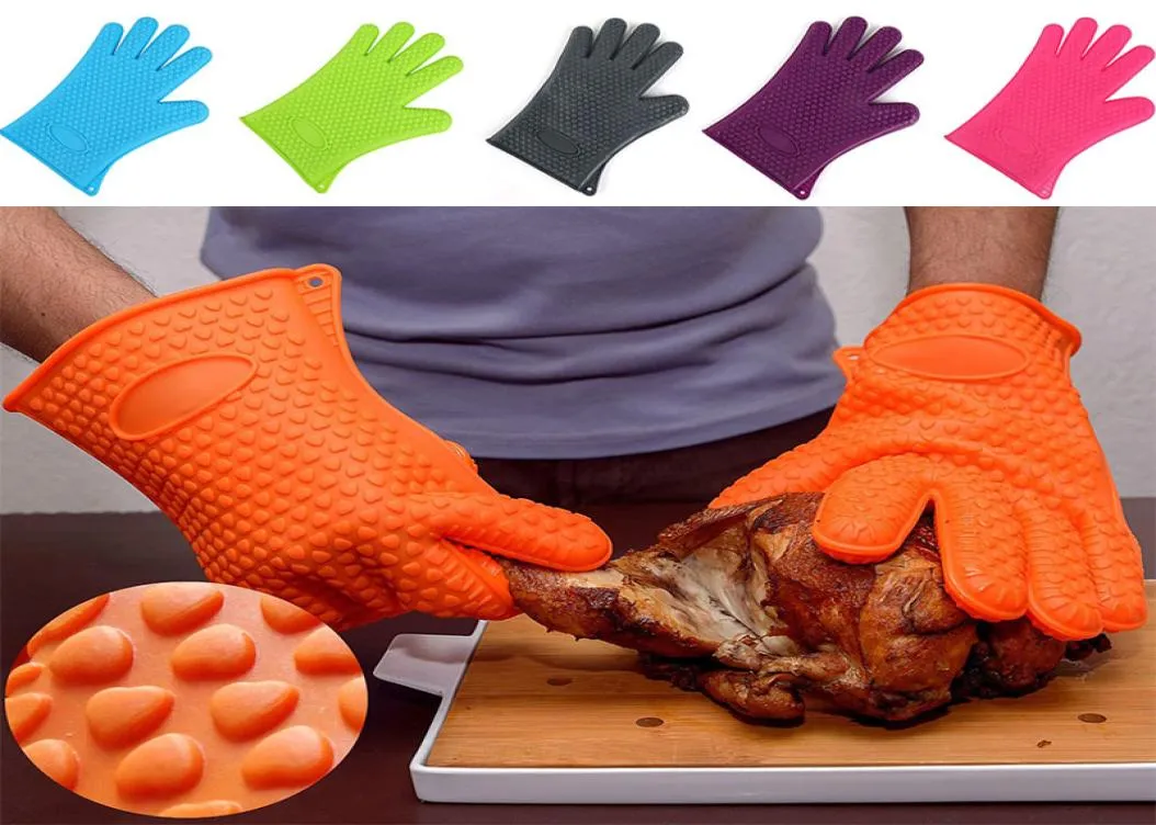 Nouveau Silicone BBQ gants anti-dérapant résistant à la chaleur four à micro-ondes Pot cuisson cuisson cuisine outil cinq doigts gants WX9115744389