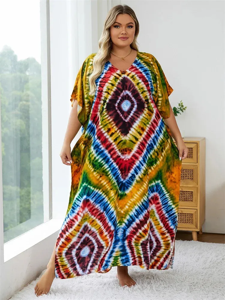 2024 Bohemian Multicolor v Dritic Dould Kaftan Dress for Women Summer بالإضافة إلى حجم Batwing Sleeve Faction فستان طويل Q14 240228