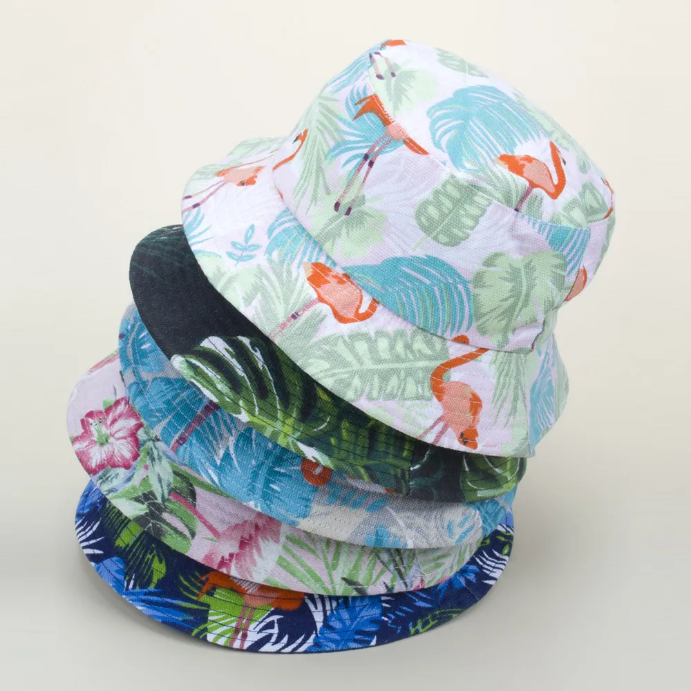 Flamingos Oem Custom Women Outdoor Wide Brim Beach Washed Cotton All Over Printing String Distressed Bucket Cap Hat