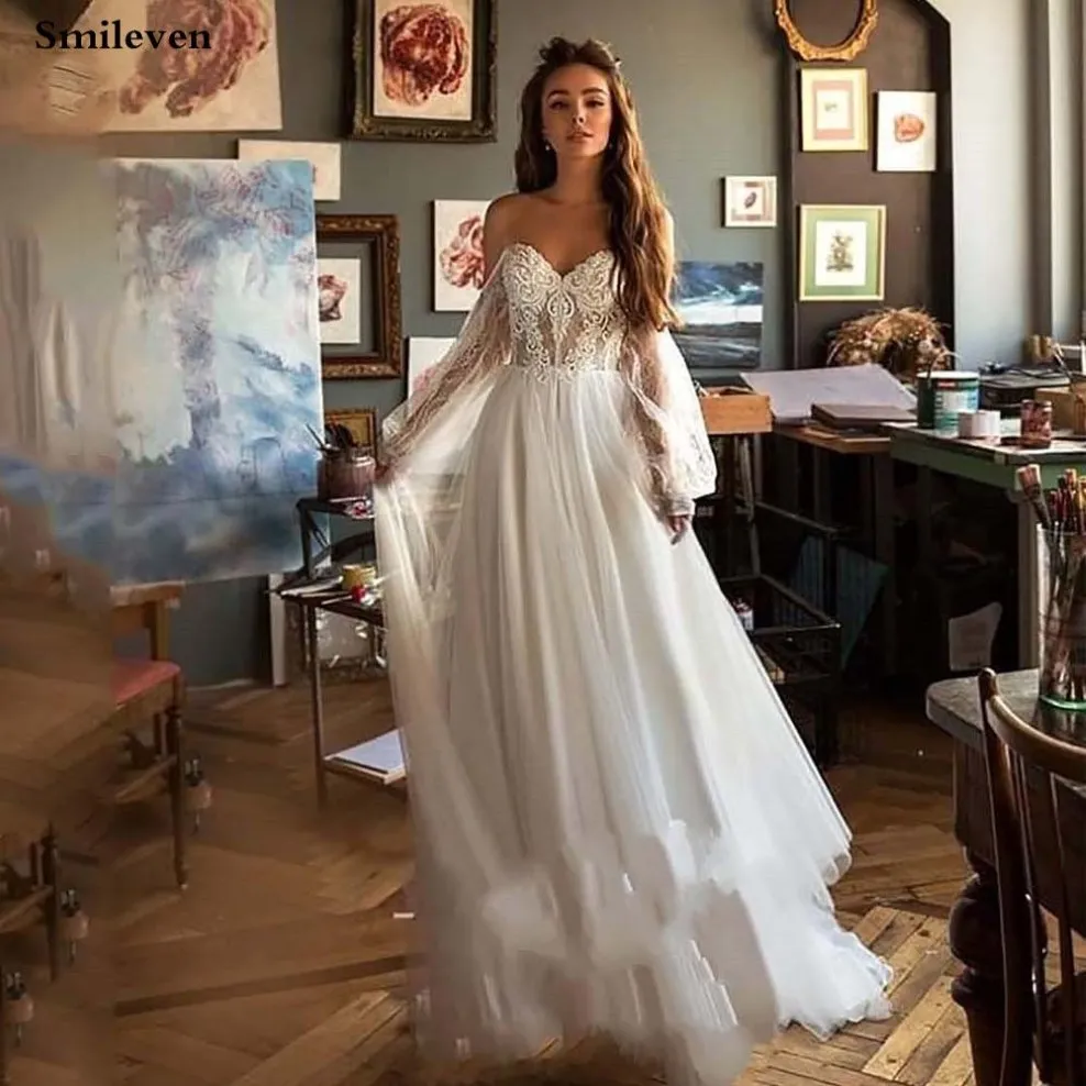 Smileve Princess Wedding Suknia Puff rękawa Boho Bride sukienki nago tiulowe Top Suknie ślubne koronkowe aplikacje vestido de novia215i