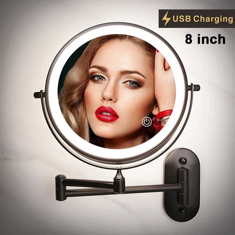 8 inch Wall Mounted Matte Black Makeup Mirror Magnifying Double Side Folding Arm USB Charging Bathroom Smart Cosmetic Mirrors 240228