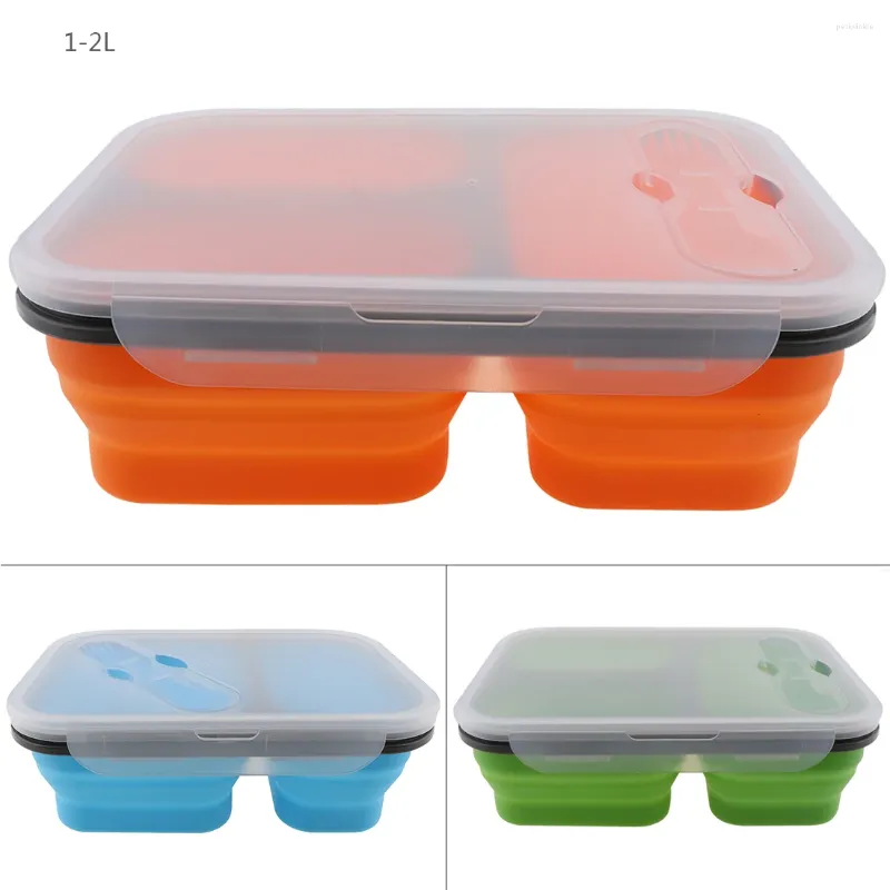 Vaisselle 1350ML Style épaississant Trois Treillis Rectangle Silicone Boîte à Lunch Pliante évolutive Boîte à Bento Cuillère Fourchette Vaisselle à Double Usage