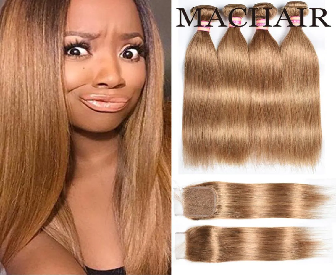 Couleur 27 paquets de cheveux malaisiens avec fermeture paquets de vague de corps blond miel avec fermeture pas cher malaisien cheveux raides Bundl6609236