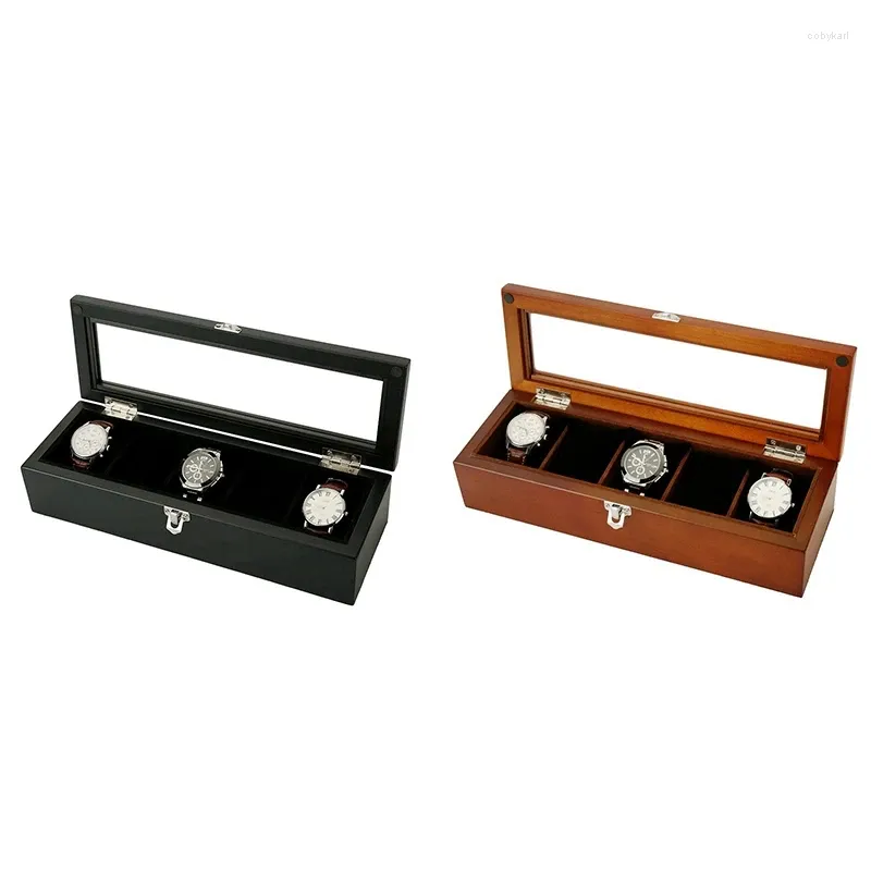 Watch Boxes Top 5 Slots Wooden Display Case Wood Storage Box With Lock Fashion Gift Jewelry Cases