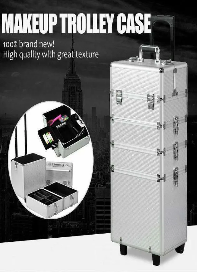 4 In1 Professional Aluminium Rolling Makeup Train Case Wheel Cosmetic Box Drawer5976906