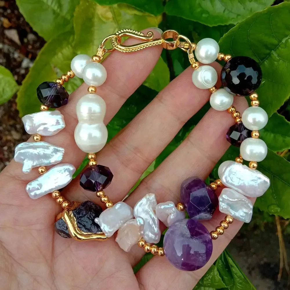 Yygem 2strands natürlicher Amethyst kultivierte weiße Süßwasserperlenkristallarmband 8.5 240305