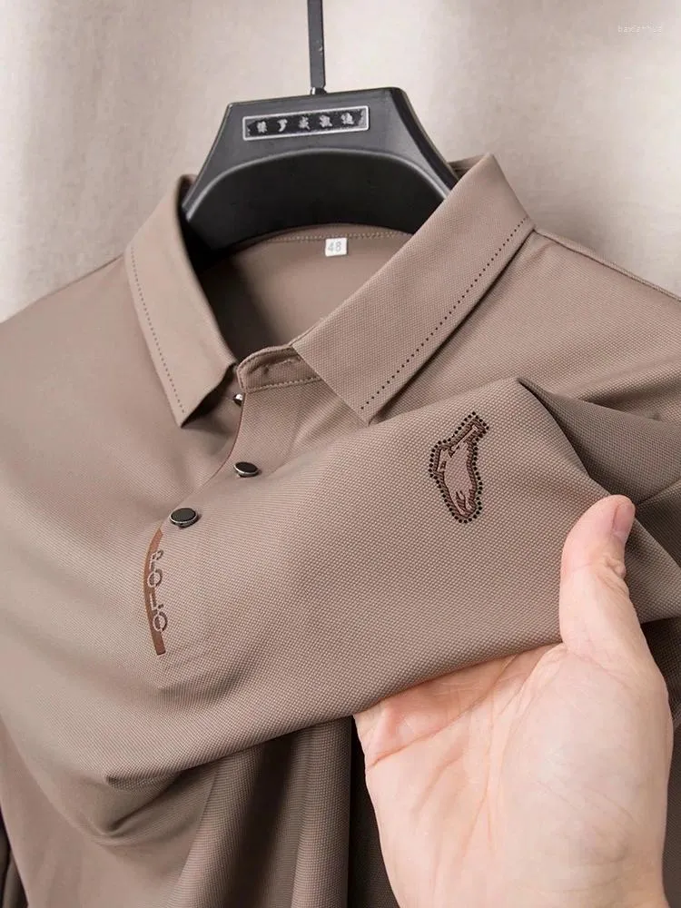 Polos pour hommes haut de gamme marque glace soie polo à manches longues 2024 printemps à la mode imprimé t-shirt décontracté haut résistant aux rides