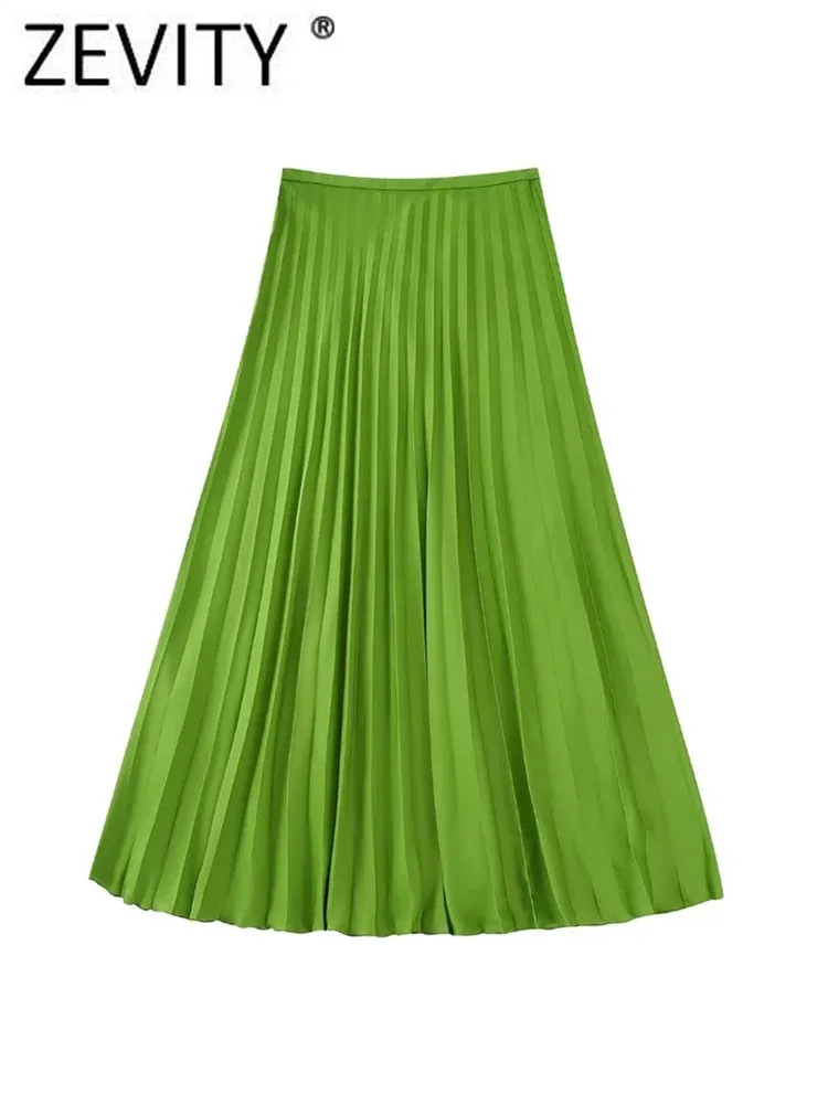 Klänningar zevity kvinnor mode solid grön veckad midi kjol faldas mujer lady chic sido zipper casual sommar vestidos qun1897