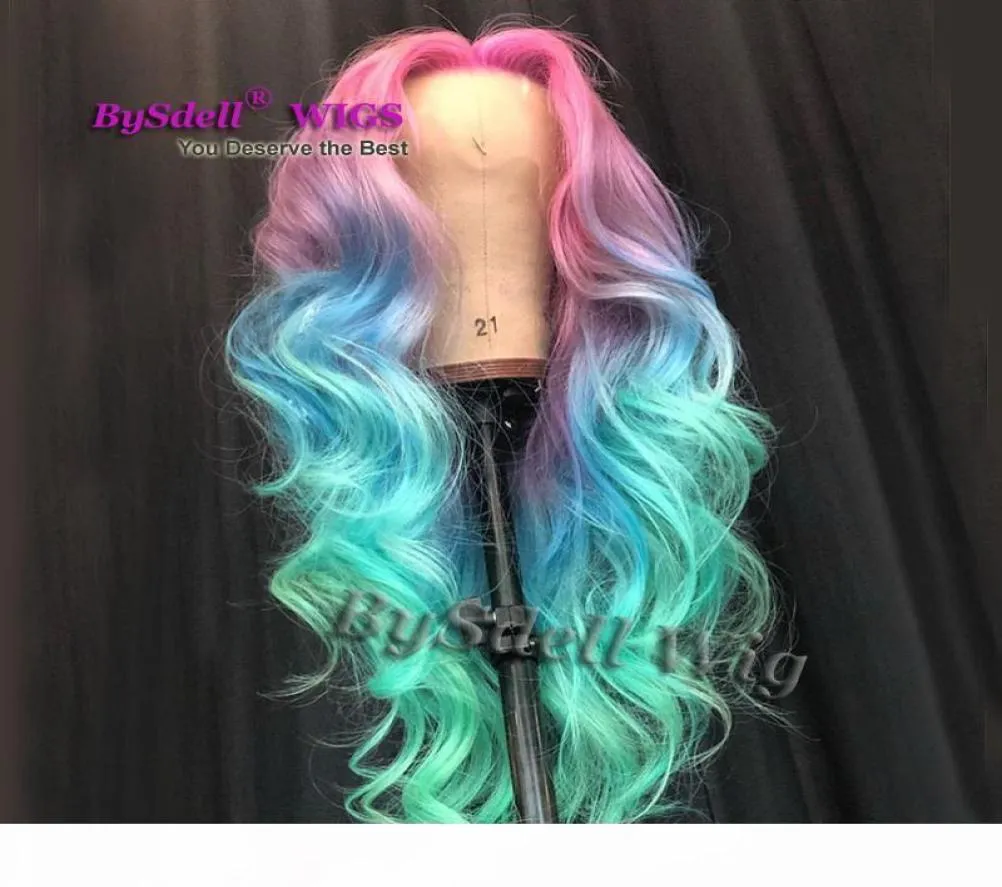 Färgade hår peruker syntetiska lång lös våg ombre rosa blå färgglada hår spets front peruk sjöjungfru cosplay party pelucas peruker för wo7950791