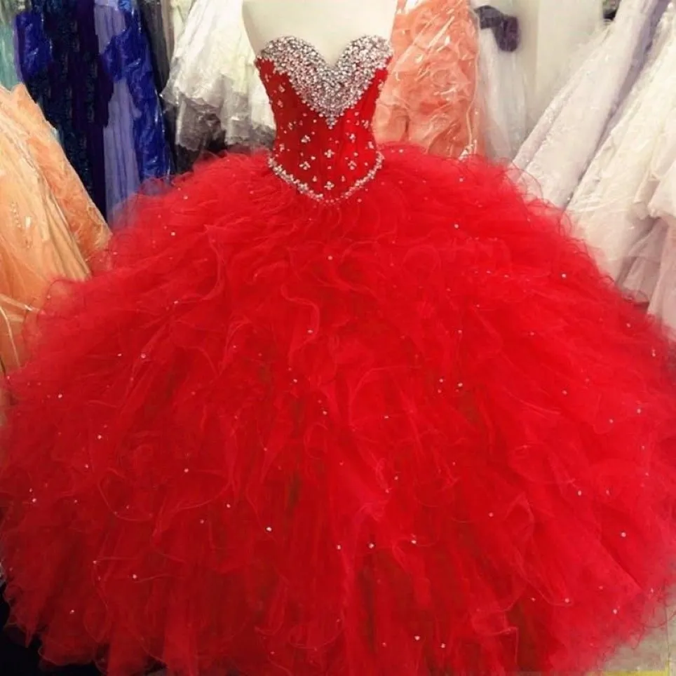 Quinceanera Dresses 2021 Princess Ball Gown Red Purple Sweet 16 드레스 구슬 스팽글 레이스 가운 주름을 플러스 사이즈 멍청이 DE221U