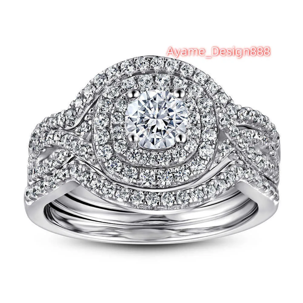 Bijoux de mode Femmes S925 Bijoux de mariage en argent sterling 18K Or Moissanite Micro-Diamant Bague Trois pièces 925 Bague Bijoux de mariée