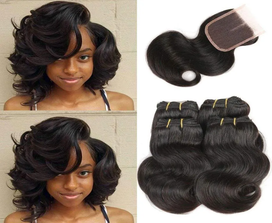 8A Brazilian Body Wave 4 Bundles with Lace Closure Cheap Brazilian Human Hair Weave Bundles with Closure Short Hair Extensions Nat1822314