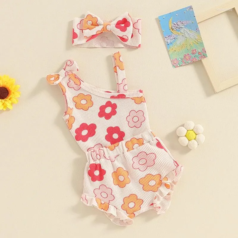 衣類セット自由ho放な女の赤ちゃん夏の服生まれたワッフルニットノースリーブフローラルロンパーフリルトリムショートパンツヘッドバンドの衣装