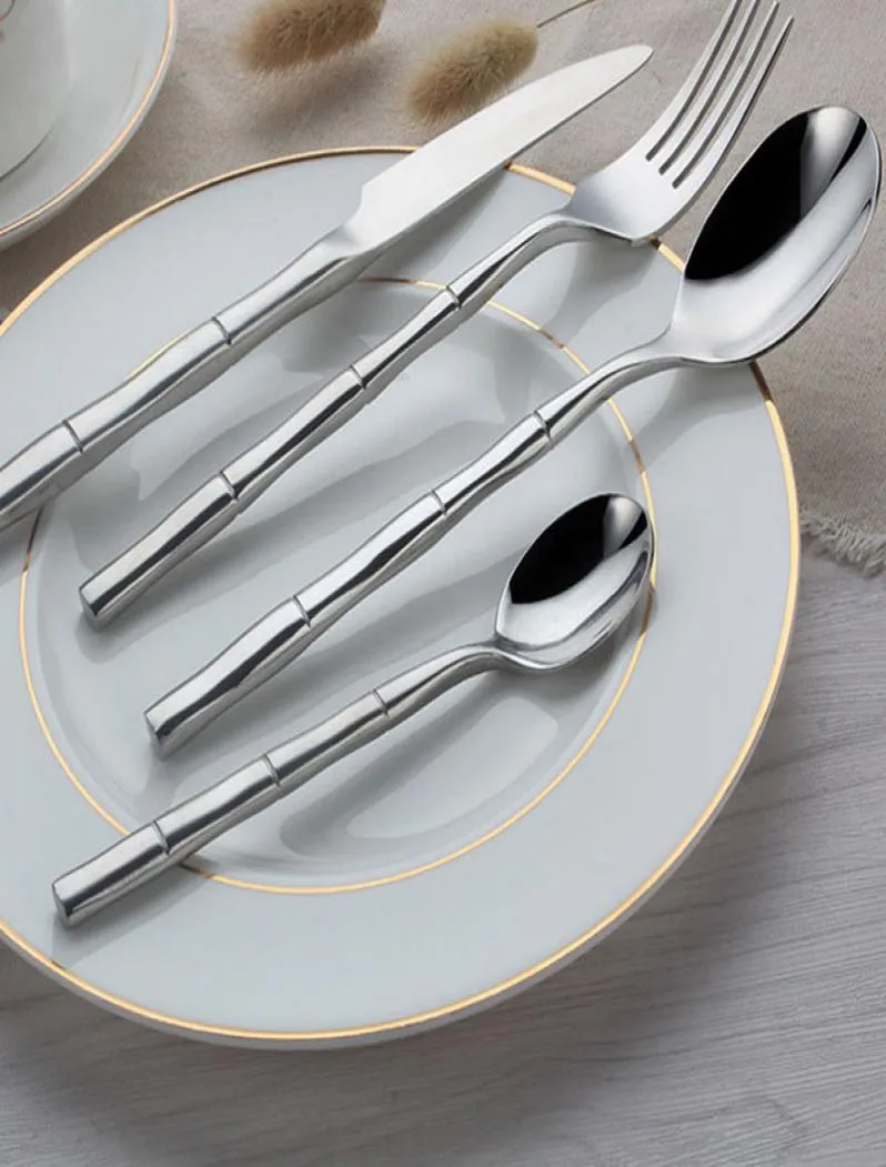 Stainless Steel Bamboo Cutlery Set Tableware Dinnerware Mirror Polish Silver Cutlery Dinner Knives Forks QW69843438524