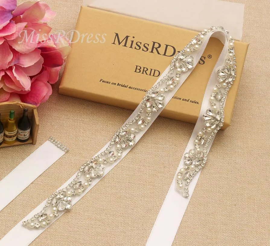 MissRDress Handmade Bridal Belt Silver Crystal Jeweled Ribbons Rhinestones Wedding Dress Belt For Bridal Gown YS8101827937