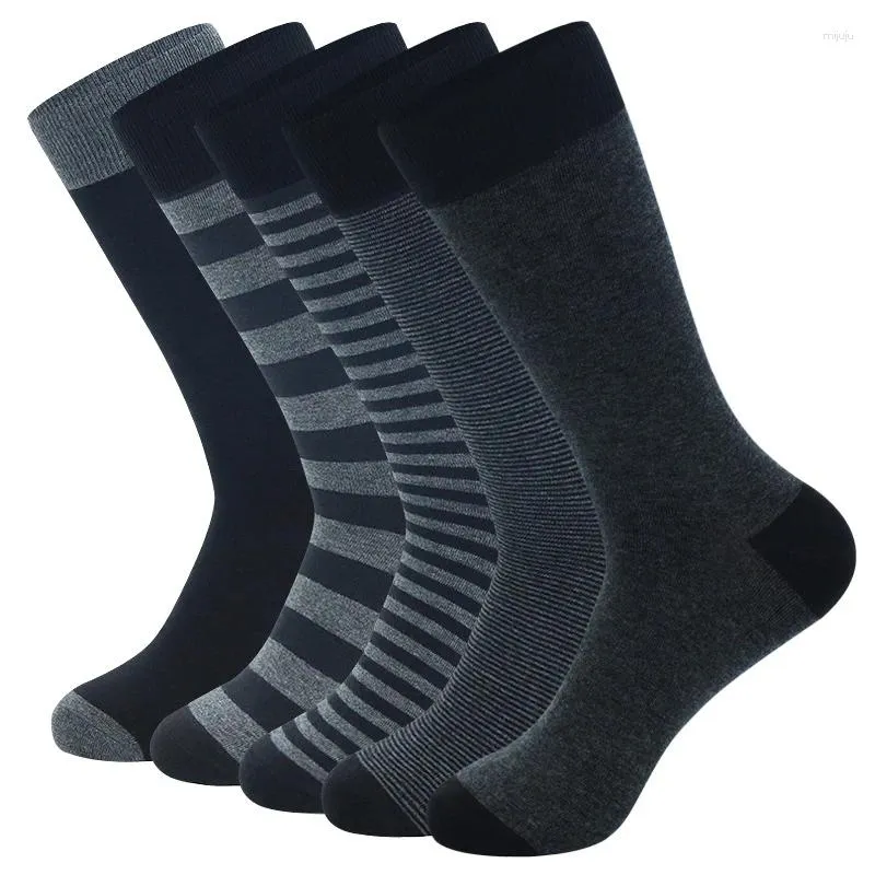Men's Socks 5Pairs High Quality Long Striped Solid Color Business Sports Breathable Male Black Plus Size EU40-47