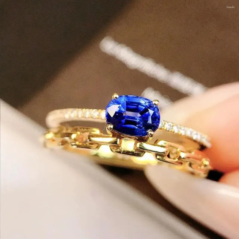 Cluster Rings JY2024 No.10847 Sapphire Natural 0,59CT Blue Gemstone Pure 18K Gold Jewelry for Women Diamonds