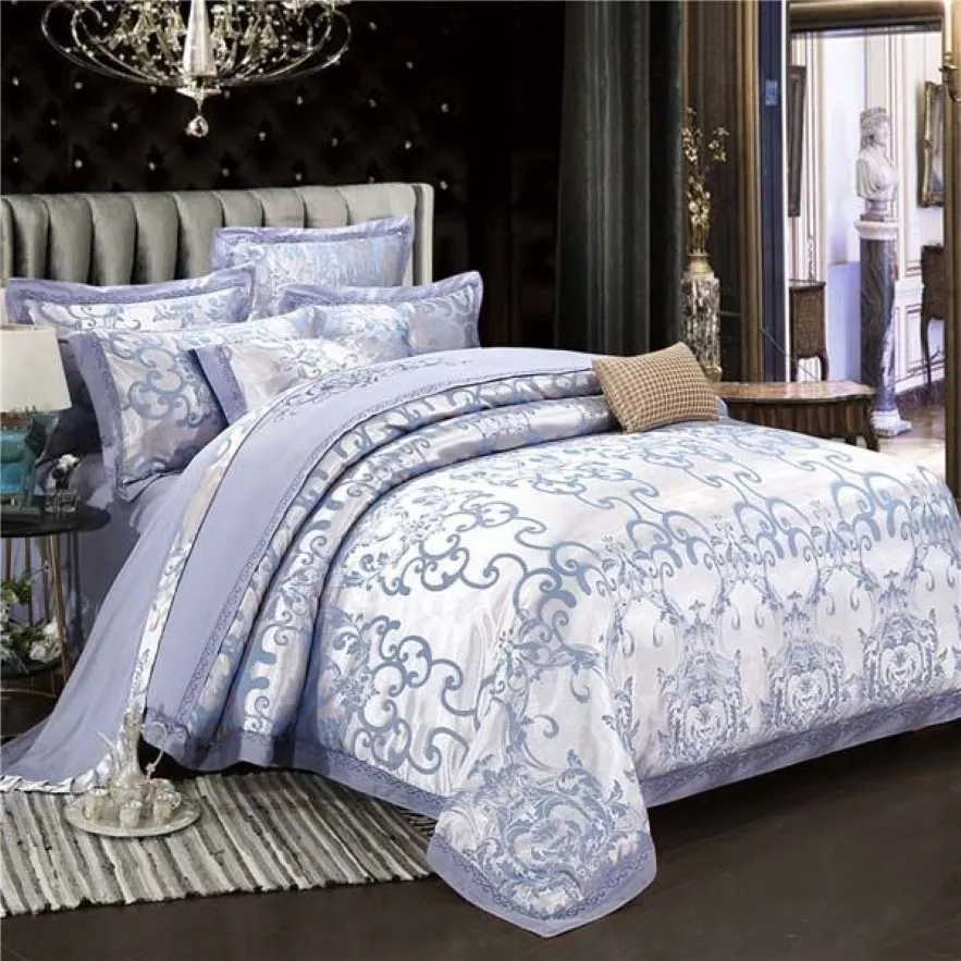 Set biancheria da letto di seta di lusso Jacquard dorato 60S cotone King Queen Size Set letto in pizzo Copripiumino in raso Cuscino in lino Lenzuolo Casa Texti258q