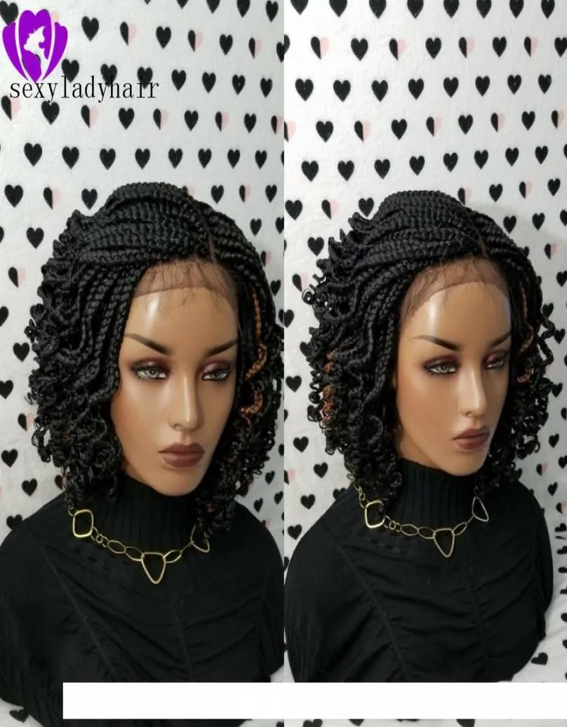 H Top Qualité 1b Noir Micro Tressage Avec Bouclés Conseils Synthétique Avant de Lacet Perruques Noir Court Tressé Perruque Résistant À La Chaleur Cheveux Pour B5142848