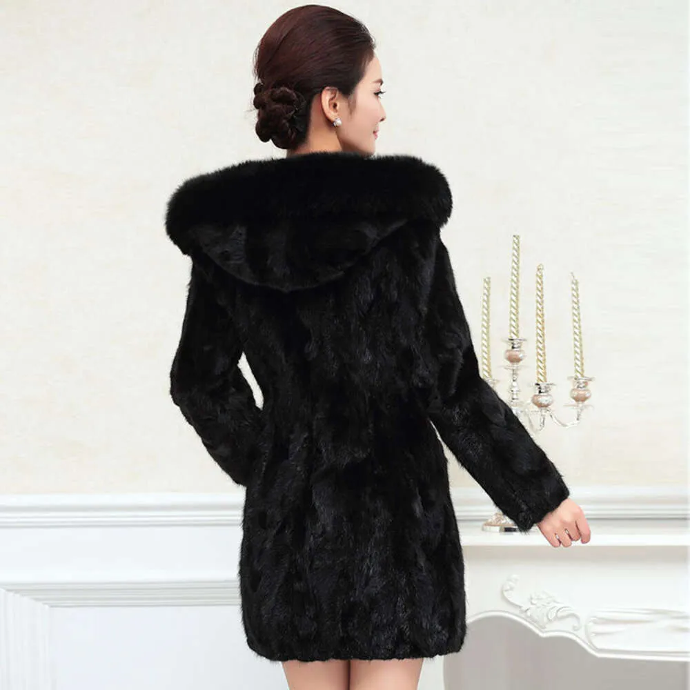 Skin Fox Hair Collar Autumn/Winter Haining Mink Fur Women's Mid Length Coat Hooded 696812