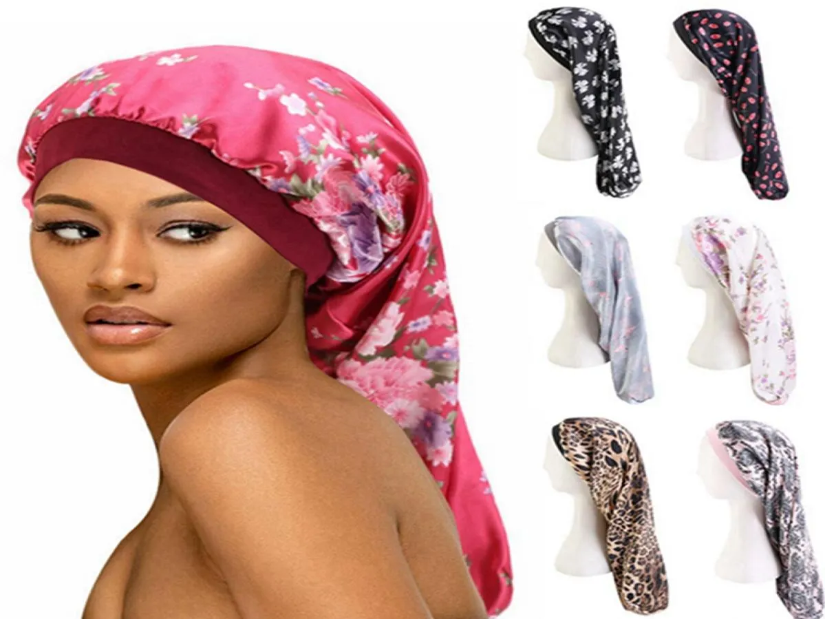 Long Hair Sleep Bonnet Hat Floral Wrap Night Cap Satin Durags Bandana Elastic Wide Band Women Satin Hat Headwear HHA14711913960