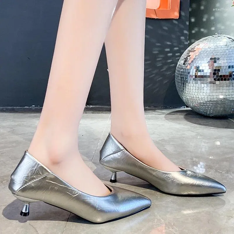 Dress Shoes Silver High Heels For Women Shallow Soft Leather Stiletto Outdoor Low Big Size 45 Work