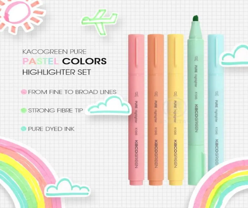 Andstal Kaco 5 Colorslot Macaroon Pastell Colors Highlighter Pen Set Color for School Marker Stationery för skolkontoret Mark 20114072459