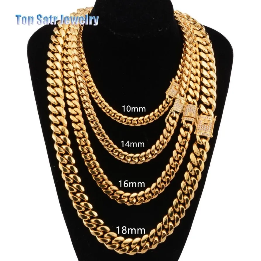 8mm 10mm 12mm 14mm 16mm Stainless Steel Jewelry 18K Gold Plated High Polished & Cubic Zirconia Clasp Miami Cuban Link Necklace Men257f