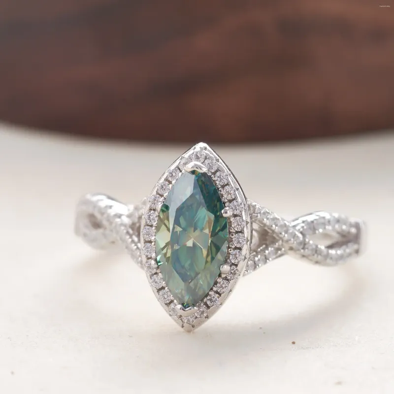 Кольца-кластеры, 1 карат, конские глаза, сине-зеленое кольцо с муассанитом, стерлинговое серебро S925, роскошное обручальное кольцо для женщин, сертифицированный GRA Pass