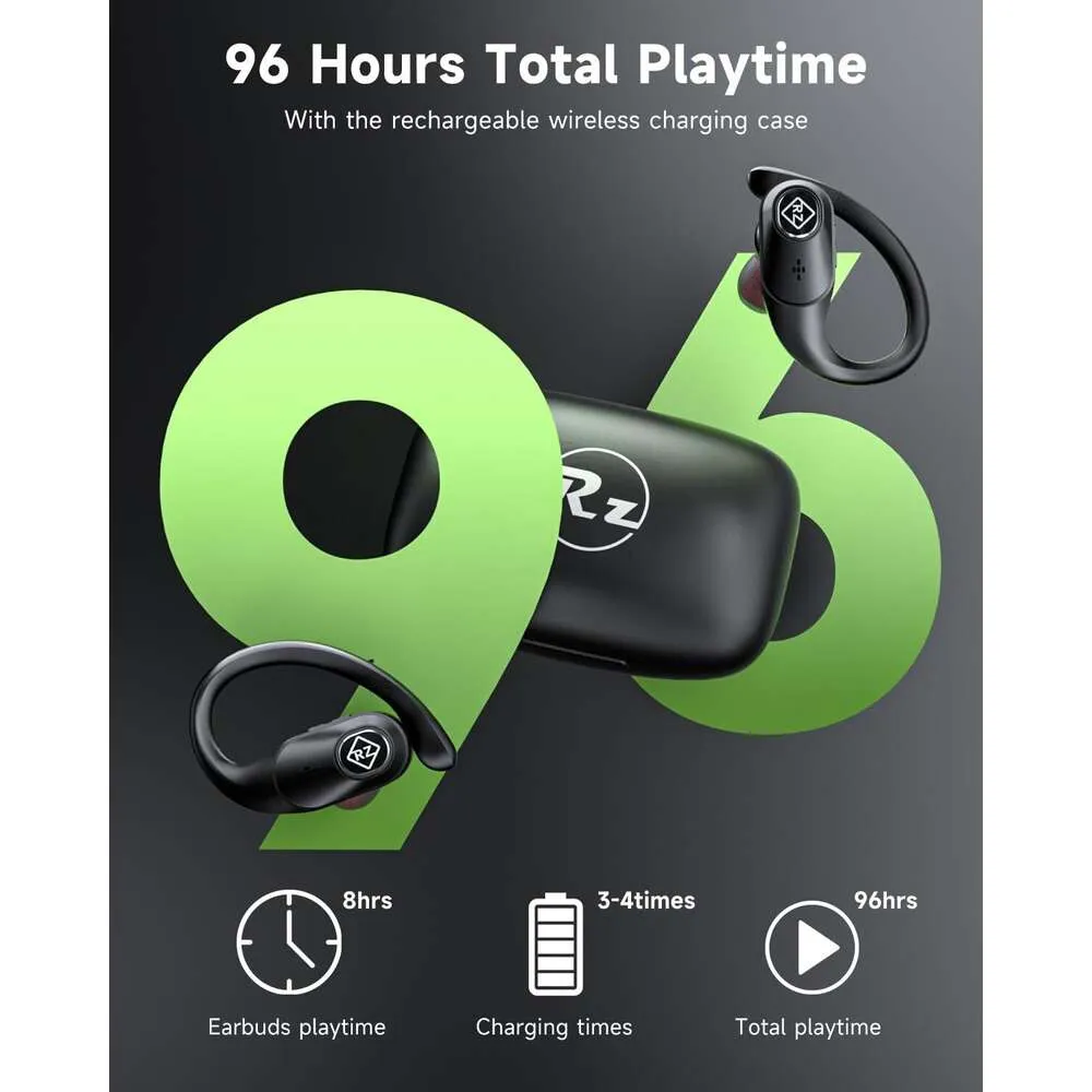 Earbuds Bluetooth Headphones Wireless Charging Case LED Display 96H Playtime Built in Mic Over Ear Buds Waterproof Earphones with Earhooks Deep Bass Sound