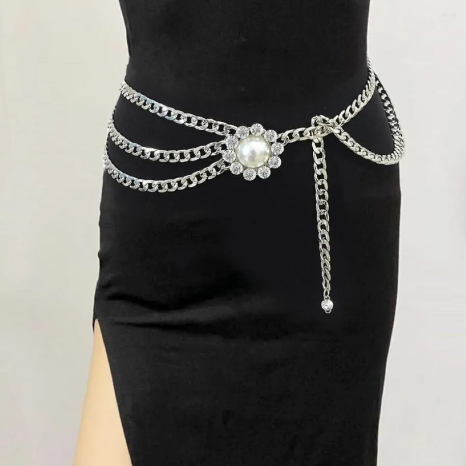 Belts Waist Chain Multilayer Elegant Hypoallergenic High Gloss Adjustable Shiny Rhinestones Mimic Pearl Women's Body Belt207a