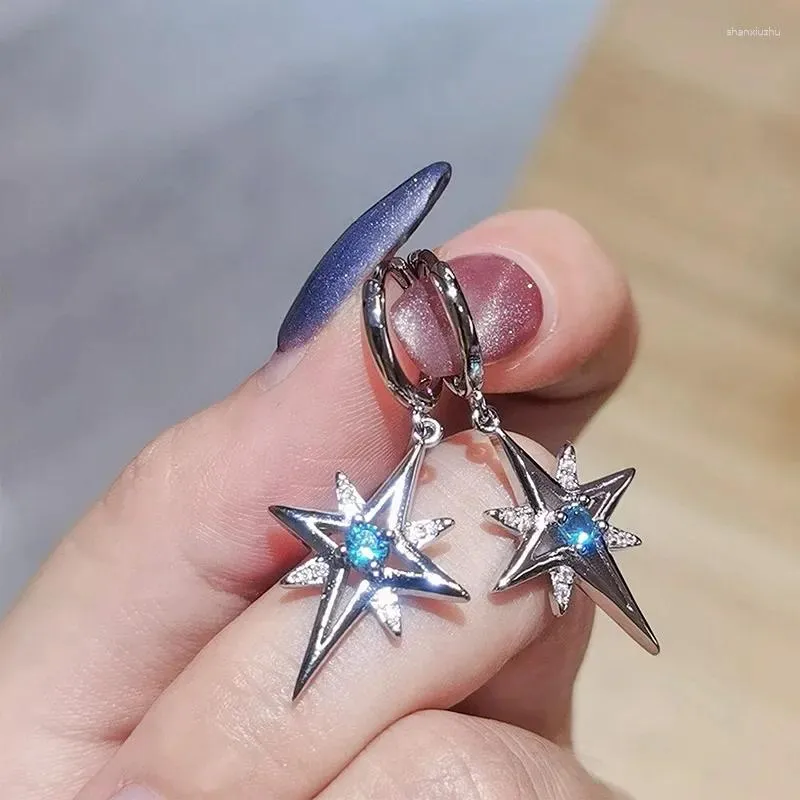Boucles d'oreilles pentagramme rétro français bleu étoile pour filles, géométrie ronde en métal pour femmes, boucle d'oreille tendance, accessoires bijoux simples