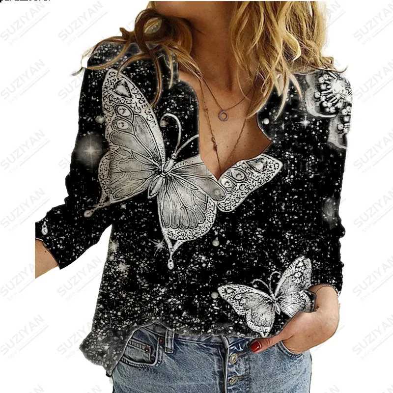 Shirt 2023 New fashion hot selling women's long sleeved button cardigan with elegant butterfly 3D printing loose casual chiffon shirt